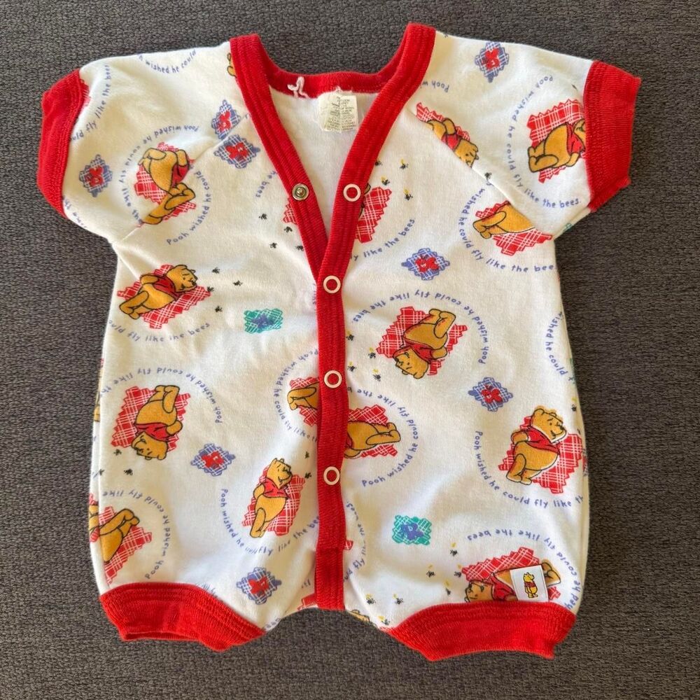 Vintage Disney Winnie the Pooh baby romper Red White Boy Girl NB